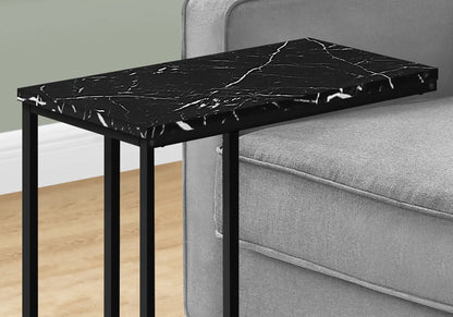 C-shaped marble-look black accent table with metal legs beside a grey sofa on Tampa Home & Garden Store