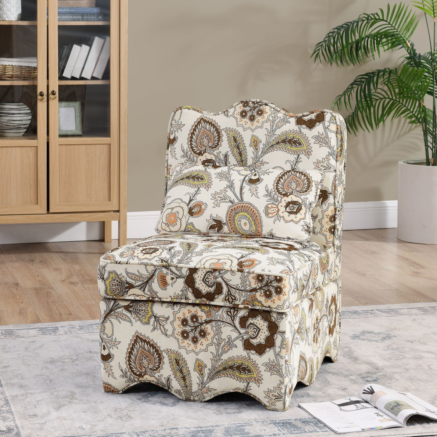 Stylish armless flannel dining chair with soft cushion and backrest in beige paisley fabric on Tampa Home & Garden Store