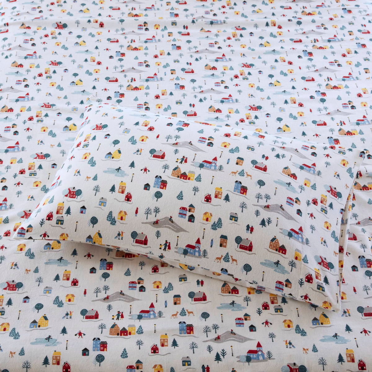 4 Piece King Printed Cotton Sheet Set by HouseOfZazla with contemporary village print on white background on Tampa Home & Garden Store