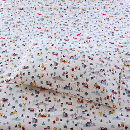 4 Piece King Printed Cotton Sheet Set by HouseOfZazla with contemporary village print on white background on Tampa Home & Garden Store