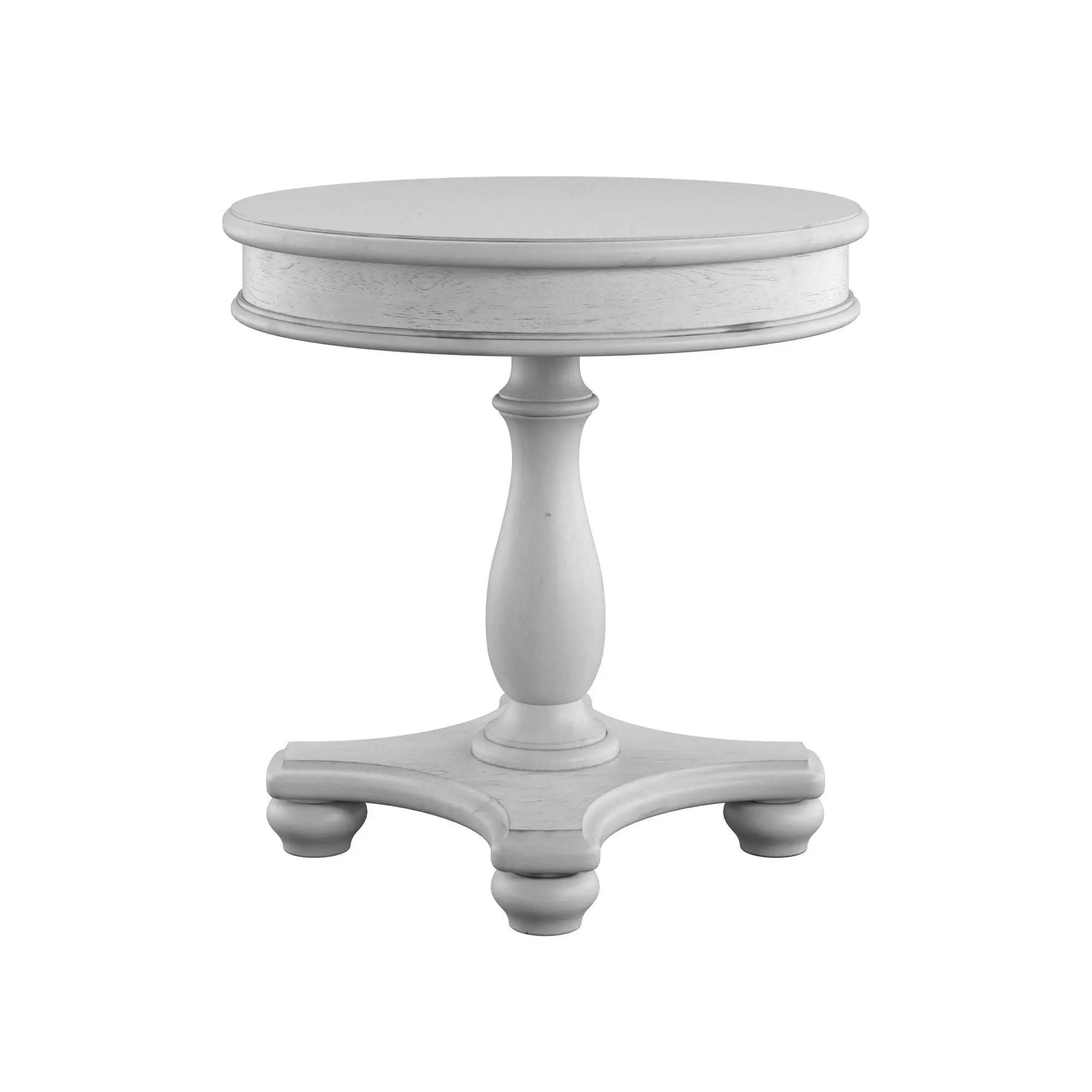 Round End Table Gray by Unique Piece Furniture with whitewashed wood finish and pedestal base on Tampa Home & Garden Store