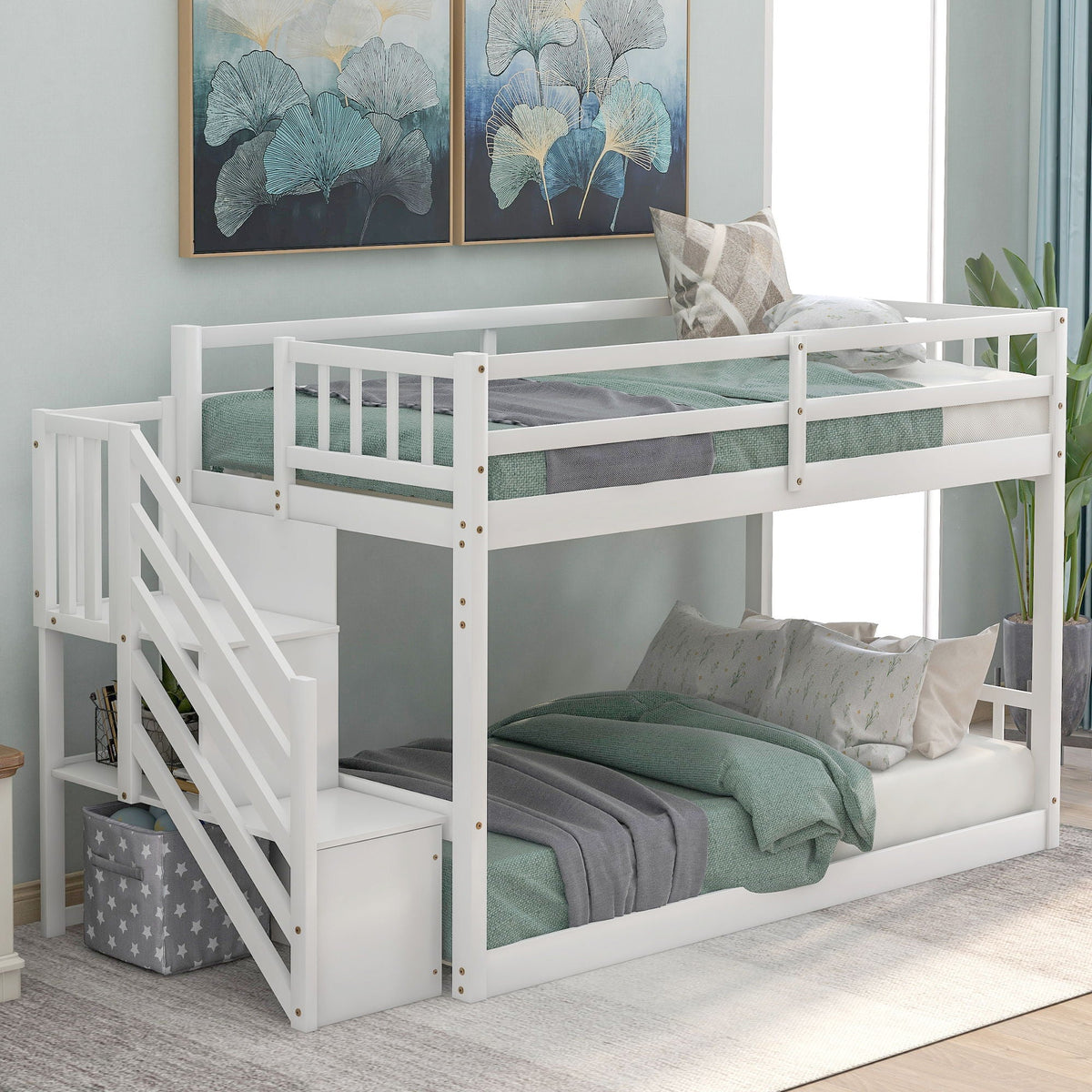 White twin-over-twin bunk bed with left ladder and storage, mint bedding in a bright kids room on Tampa Home & Garden Store