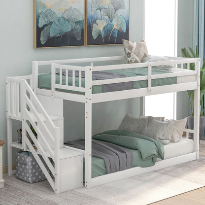 White twin-over-twin bunk bed with left ladder and storage, mint bedding in a bright kids room on Tampa Home & Garden Store