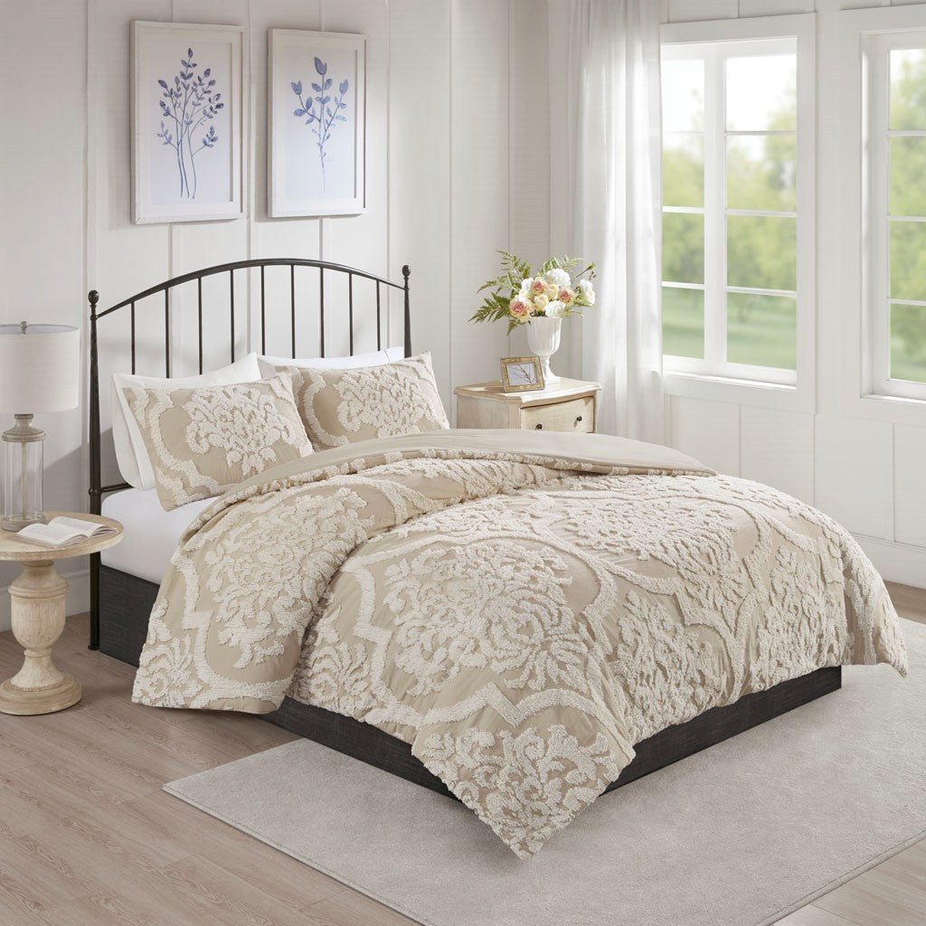 Duvet cover set King/Cal King 3-Piece Tufted Cotton Chenille Damask in beige with two shams on Tampa Home & Garden Store