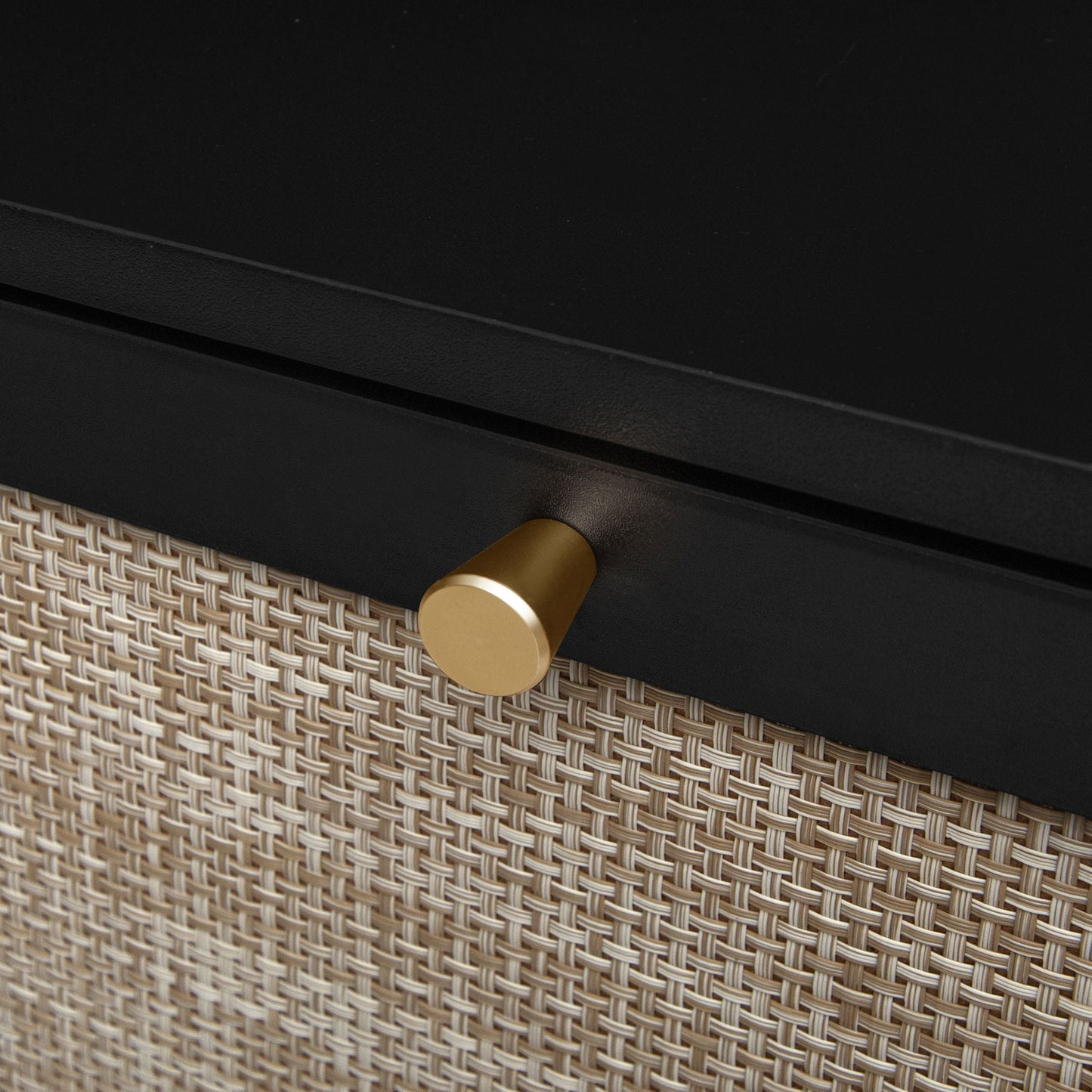 Modern Rattan 3‑Door Shoe Rack Cabinet by HouseOfZazla in black with gold knob over texture on Tampa Home & Garden Store