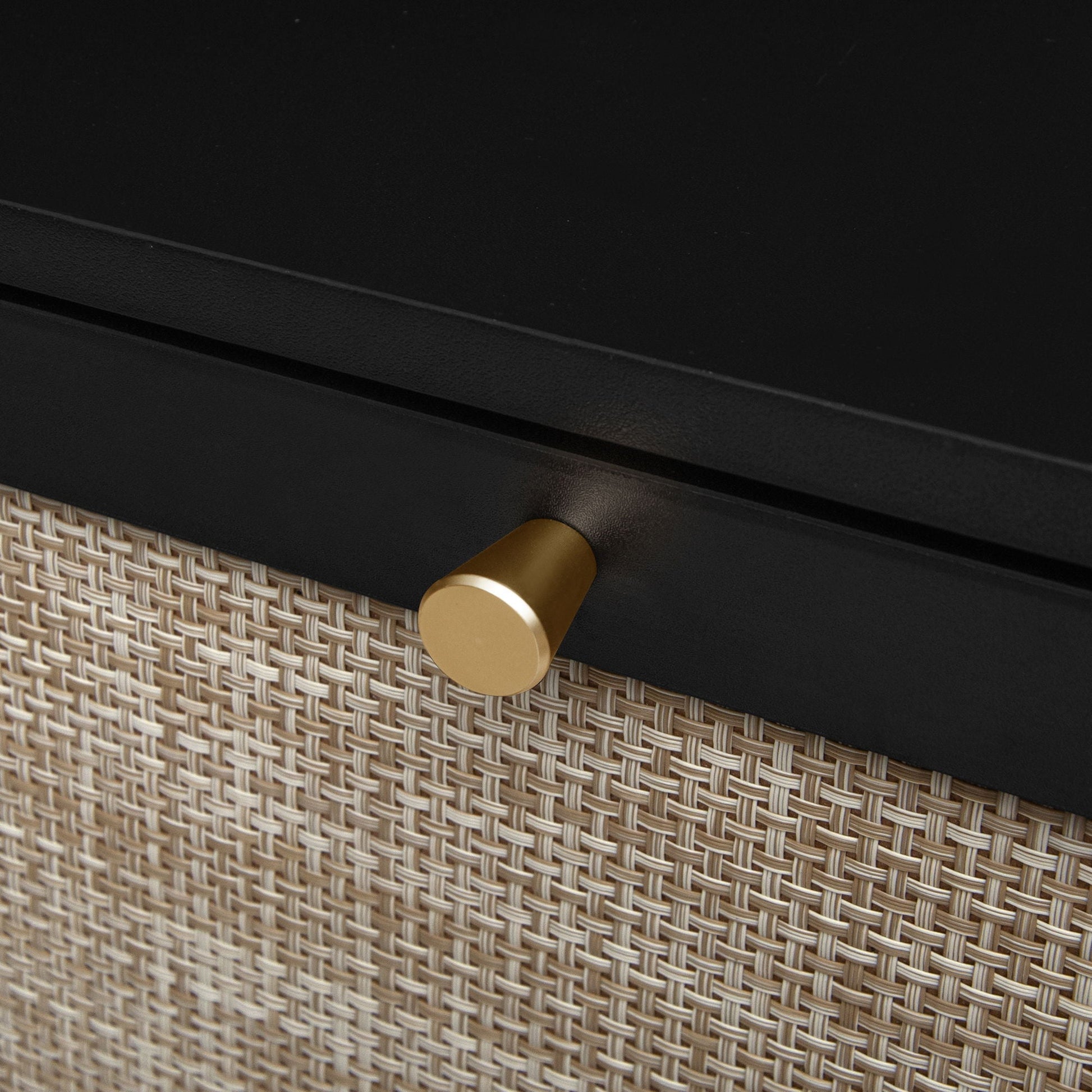 Modern Rattan 3‑Door Shoe Rack Cabinet by HouseOfZazla in black with gold knob over texture on Tampa Home & Garden Store