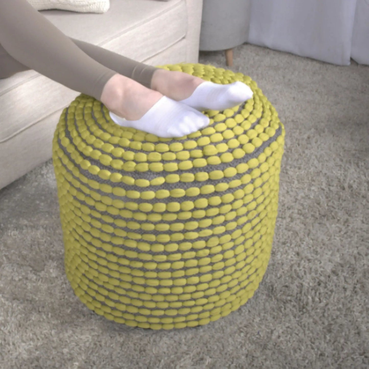 River Handcrafted Cylindrical Pouf in yellow with gray woven stripes, water resistant fabric on Tampa Home & Garden Store
