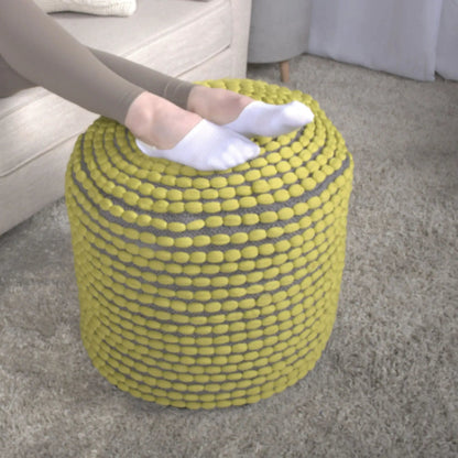 River Handcrafted Cylindrical Pouf in yellow with gray woven stripes, water resistant fabric on Tampa Home & Garden Store