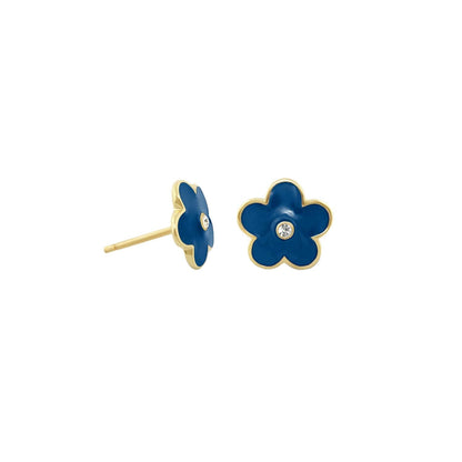 Pair of Flower Daisy enamel earrings in blue with gold-tone edges and a central crystal on Tampa Home & Garden Store