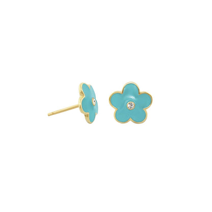 Flower Girl Daisy enamel stud earrings turquoise with gold trim and clear crystal center on Tampa Home & Garden Store
