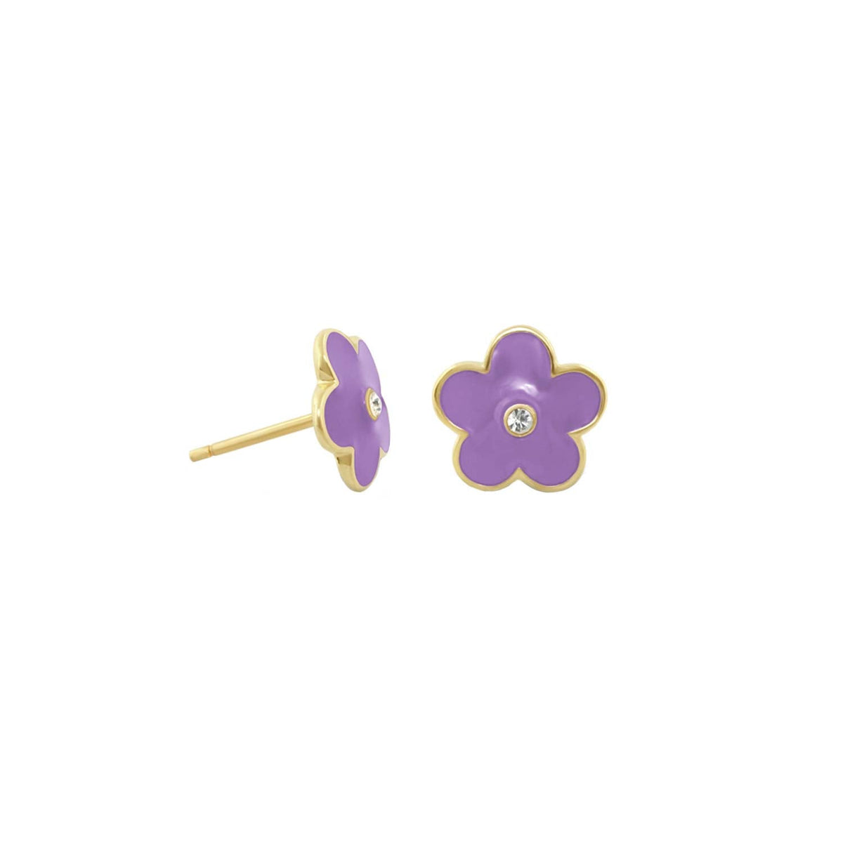 Flower Girl Daisy Earrings - Enamel Stud, purple flowers with crystal center on Tampa Home & Garden Store