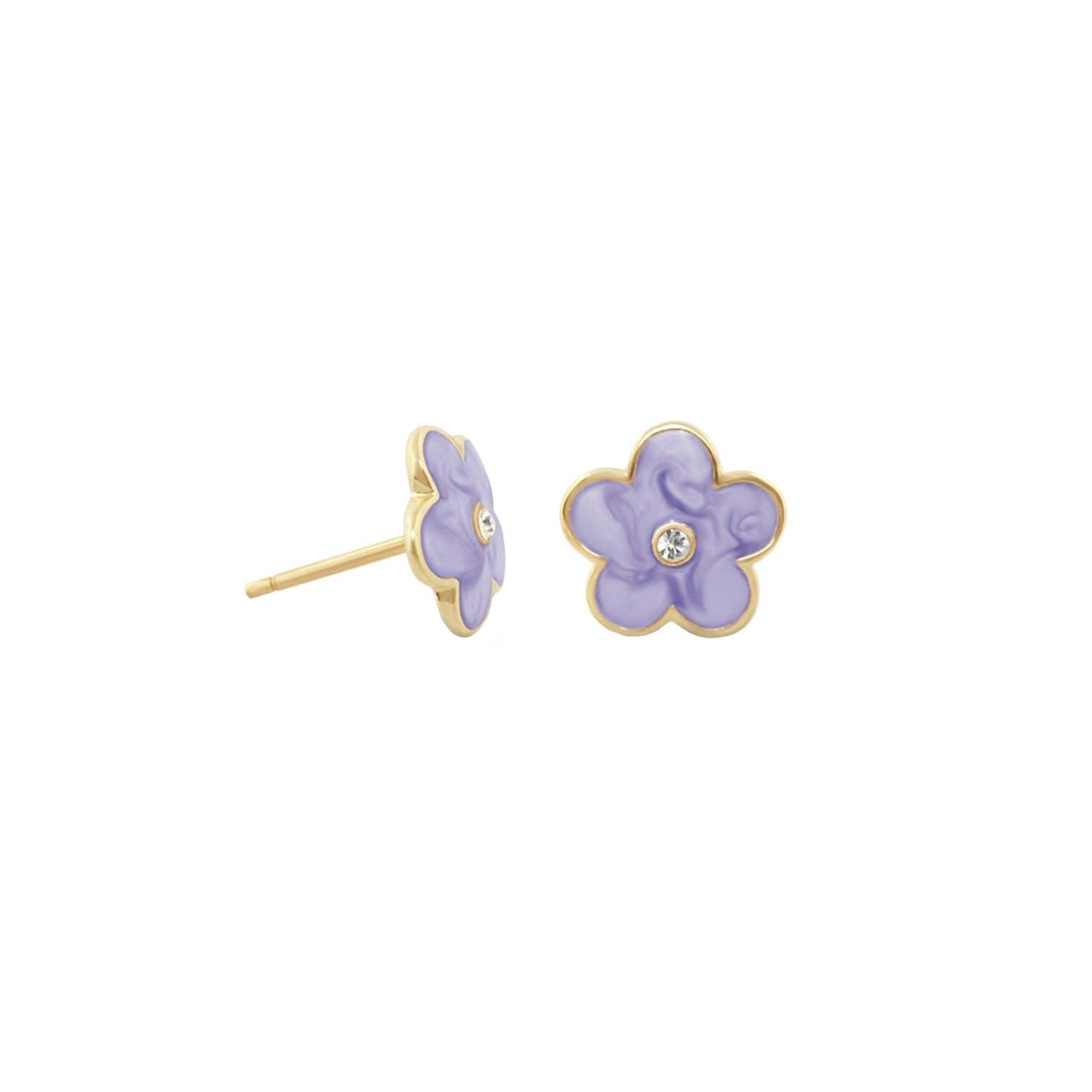Flower Girl Daisy Earrings enamel lavender flower studs with gold bezel and crystal center on Tampa Home & Garden Store