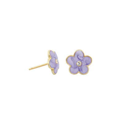 Flower Girl Daisy Earrings enamel lavender flower studs with gold bezel and crystal center on Tampa Home & Garden Store