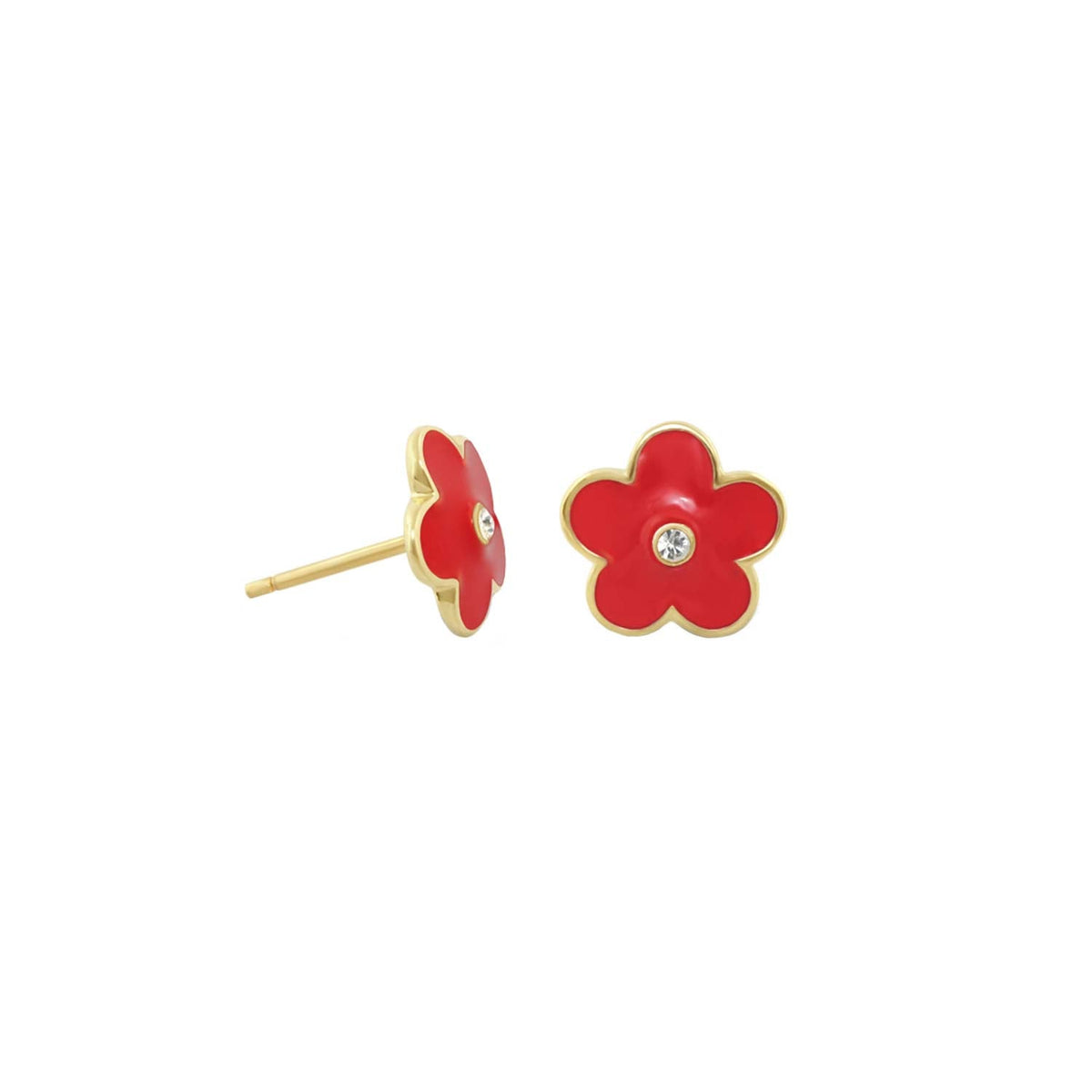 Pair of red enamel flower stud earrings with gold-tone rim and crystal centers on Tampa Home & Garden Store