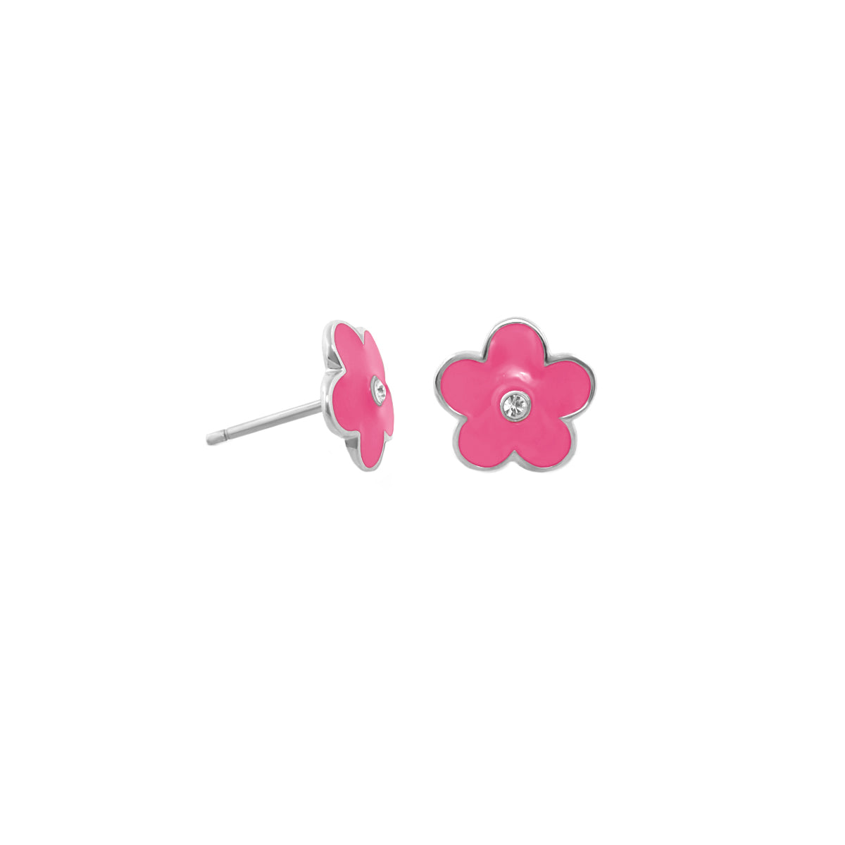 Flower Daisy enamel stud earrings pair pink petals with silver-tone setting on Tampa Home & Garden Store