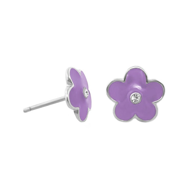 Flower Daisy enamel stud earrings purple with crystal center, silver posts, set of 2 on Tampa Home & Garden Store