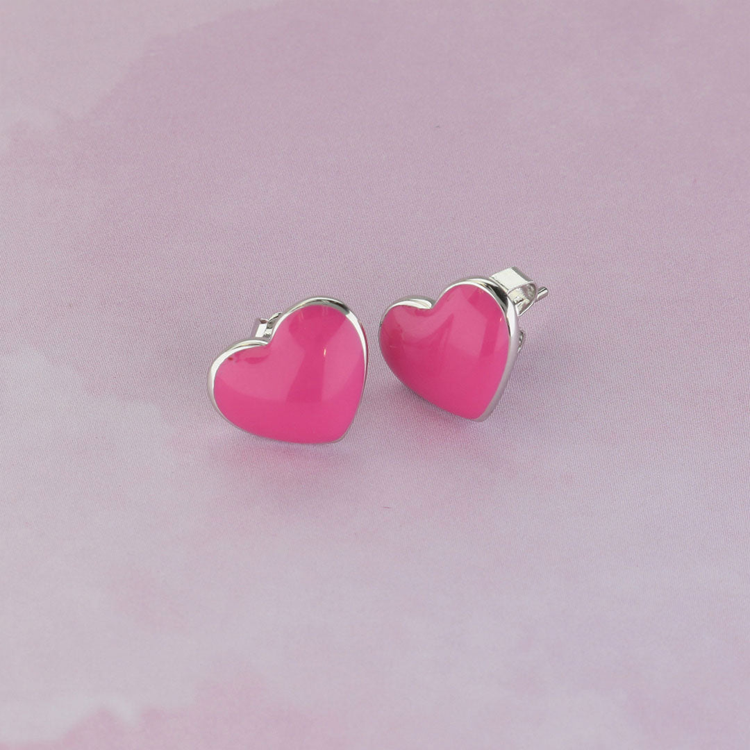 Pair of pink enamel heart stud earrings with silver-tone backs on Tampa Home & Garden Store