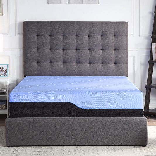 12in Refresh Hybrid GelCare memory foam mattress by HouseOfZazla with blue cover on gray bed on Tampa Home & Garden Store