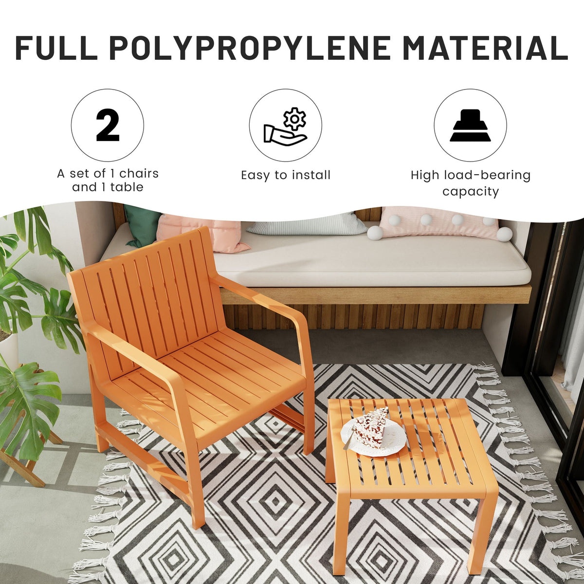 Waterproof orange polypropylene outdoor patio set with 2 chairs and small table on a rug on Tampa Home & Garden Store