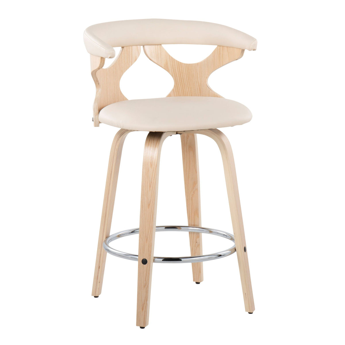 Mid Century Modern counter stool with swivel, beige upholstered seat and natural wood frame on Tampa Home & Garden Store