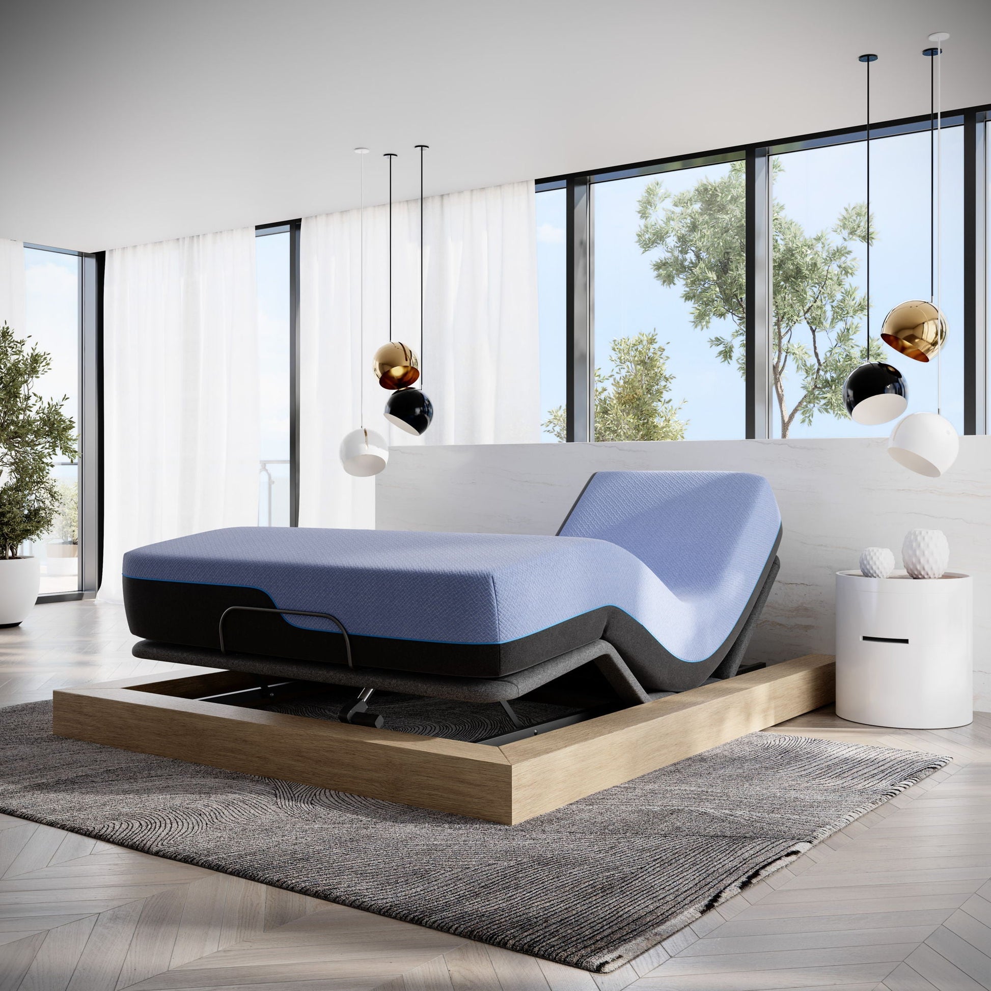 HouseOfZazla Refresh Flex Hybrid Cooling Latex Foam & Coil Mattress on blue platform bed on Tampa Home & Garden Store