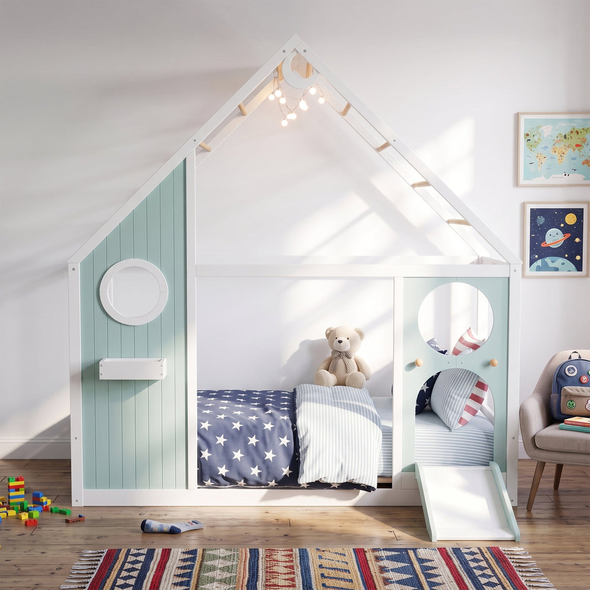 Twin House Bed with Slide in white mint wood with ball light string by HouseOfZazla on Tampa Home & Garden Store