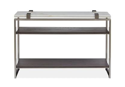 Paradox rectangular end table by Unique Piece Furniture white marble top metal frame wood shelf on Tampa Home & Garden Store