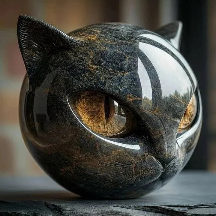 Cat head decorative sculpture in polished black marble with brown veining Moktan Sabai on Tampa Home & Garden Store