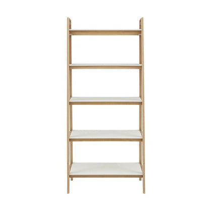Five-shelf ladder bookcase by HouseOfZazla in natural wood with off-white shelves on Tampa Home & Garden Store
