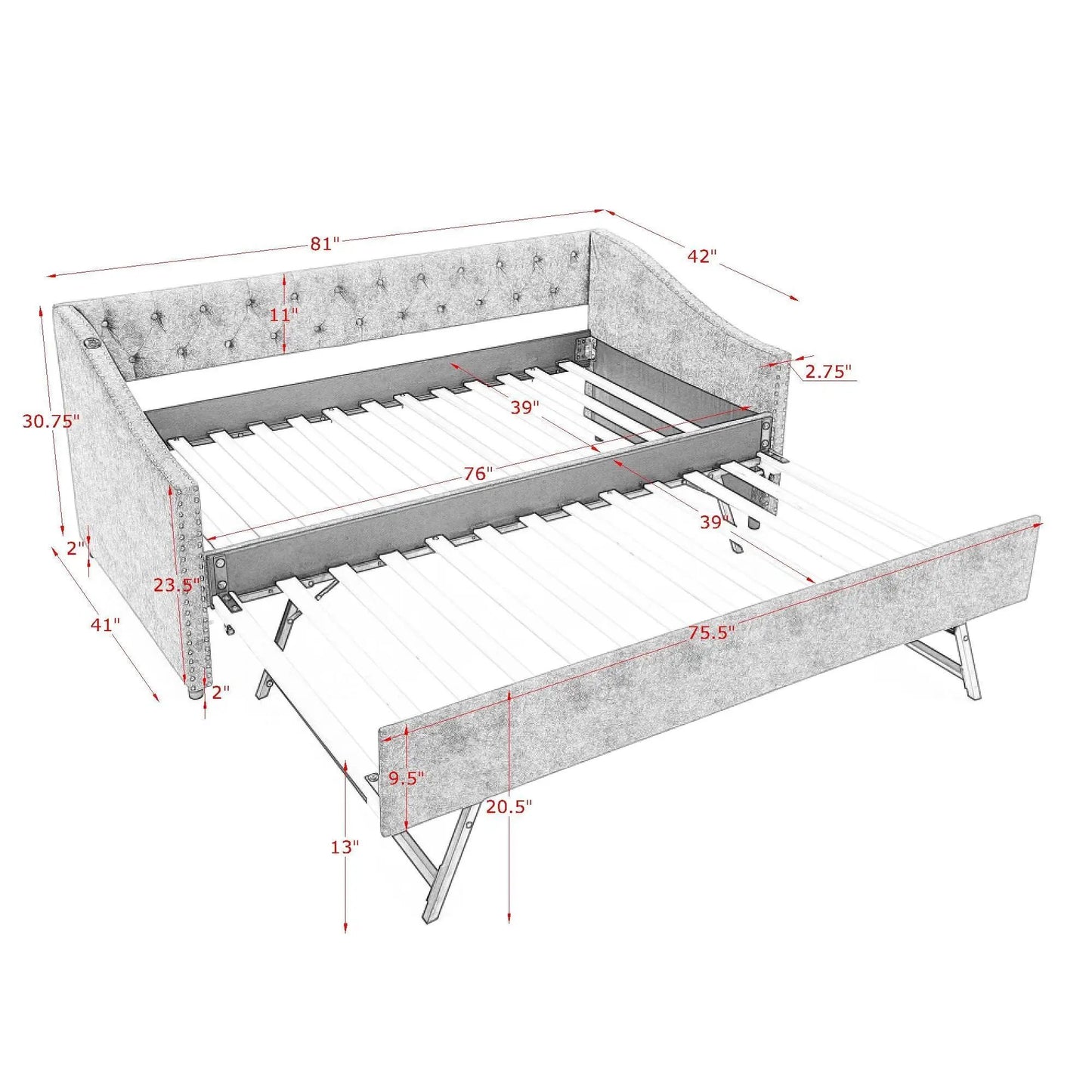 Upholstered Daybed USB Charging and Pull Out Bed