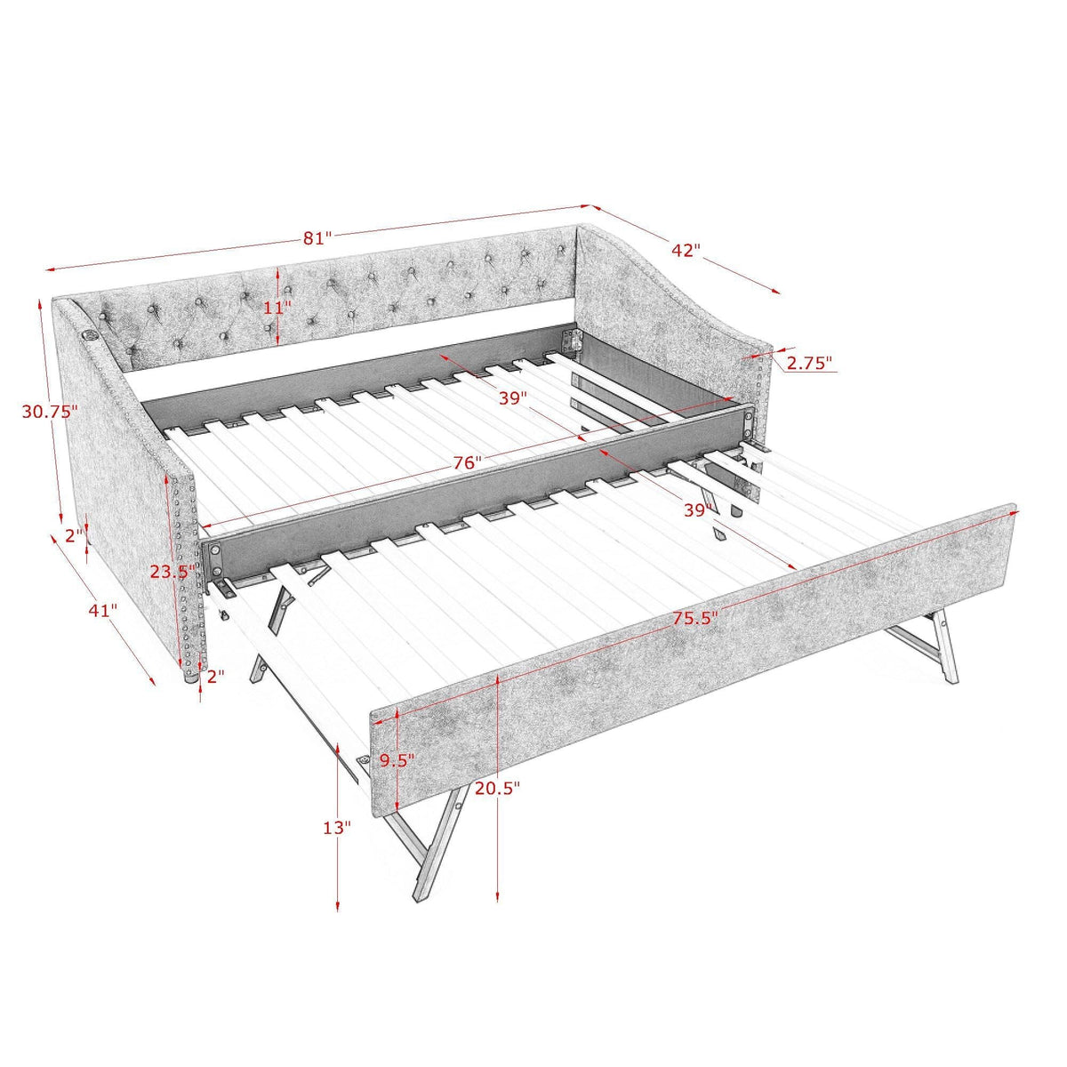 Upholstered daybed with USB charging and pull-out trundle bed, grey fabric by HouseOfZazla on Tampa Home & Garden Store