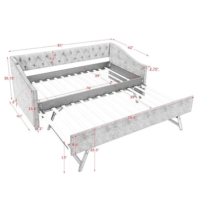 Upholstered daybed with USB charging and pull-out trundle bed, grey fabric by HouseOfZazla on Tampa Home & Garden Store
