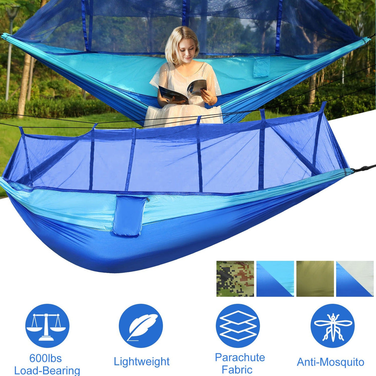 GemGear 2-person camping hammock with mosquito net in blue nylon, 600lbs capacity, carry bag on Tampa Home & Garden Store