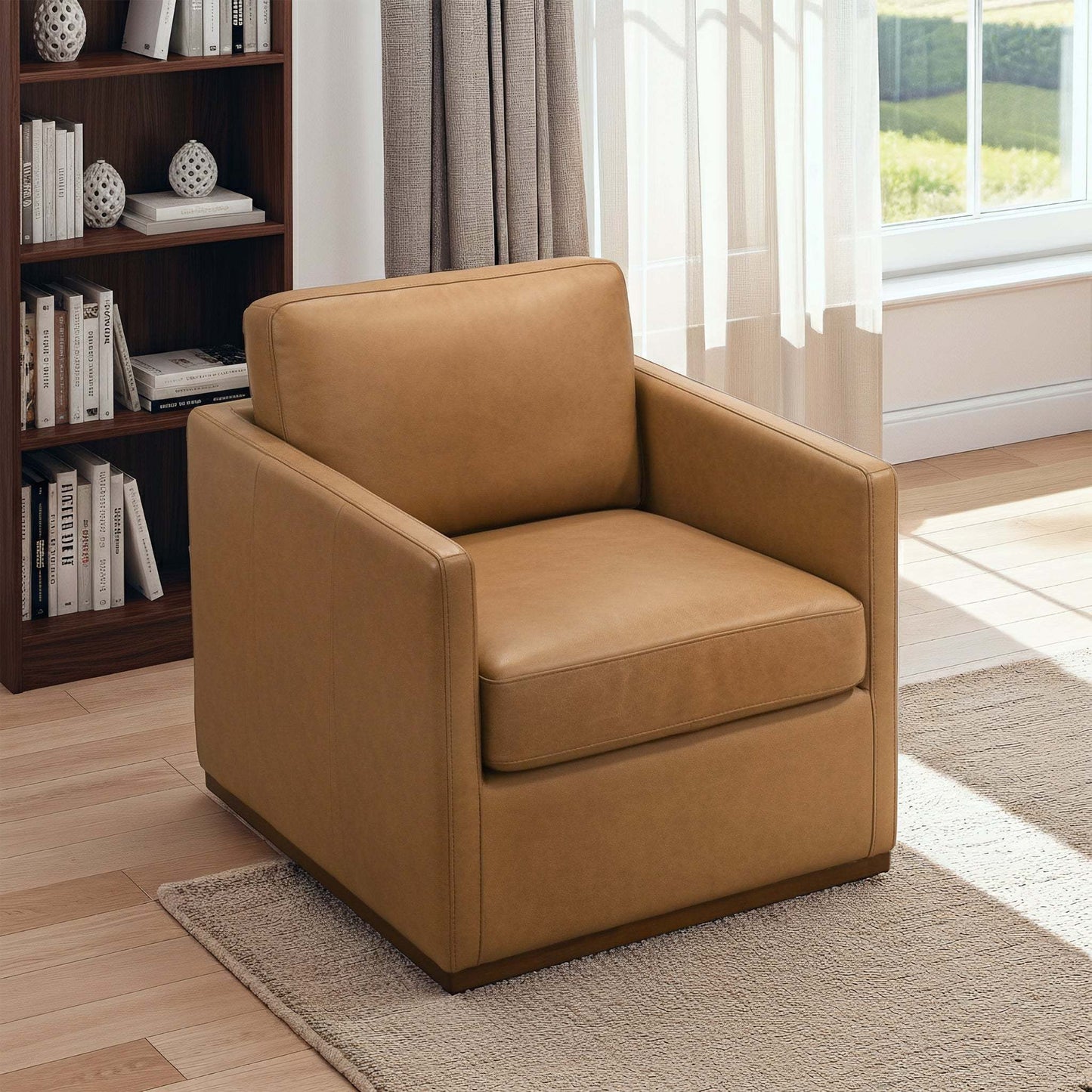 Darien Tan Leather Swivel Chair by HouseOfZazla tan leather upholstery modern accent on Tampa Home & Garden Store