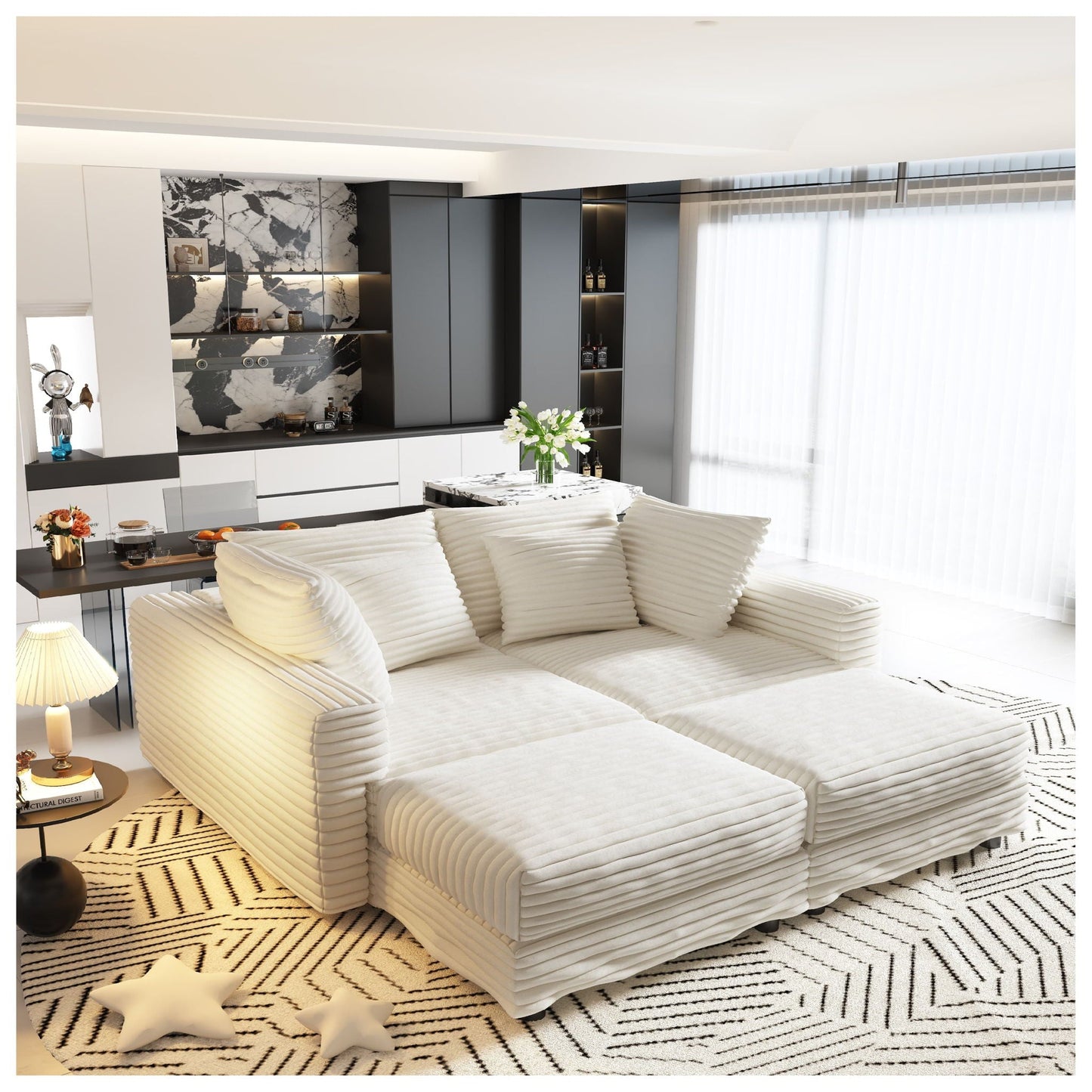 Deep Seat Sofa Bed With Ottoman and Soft Pillows