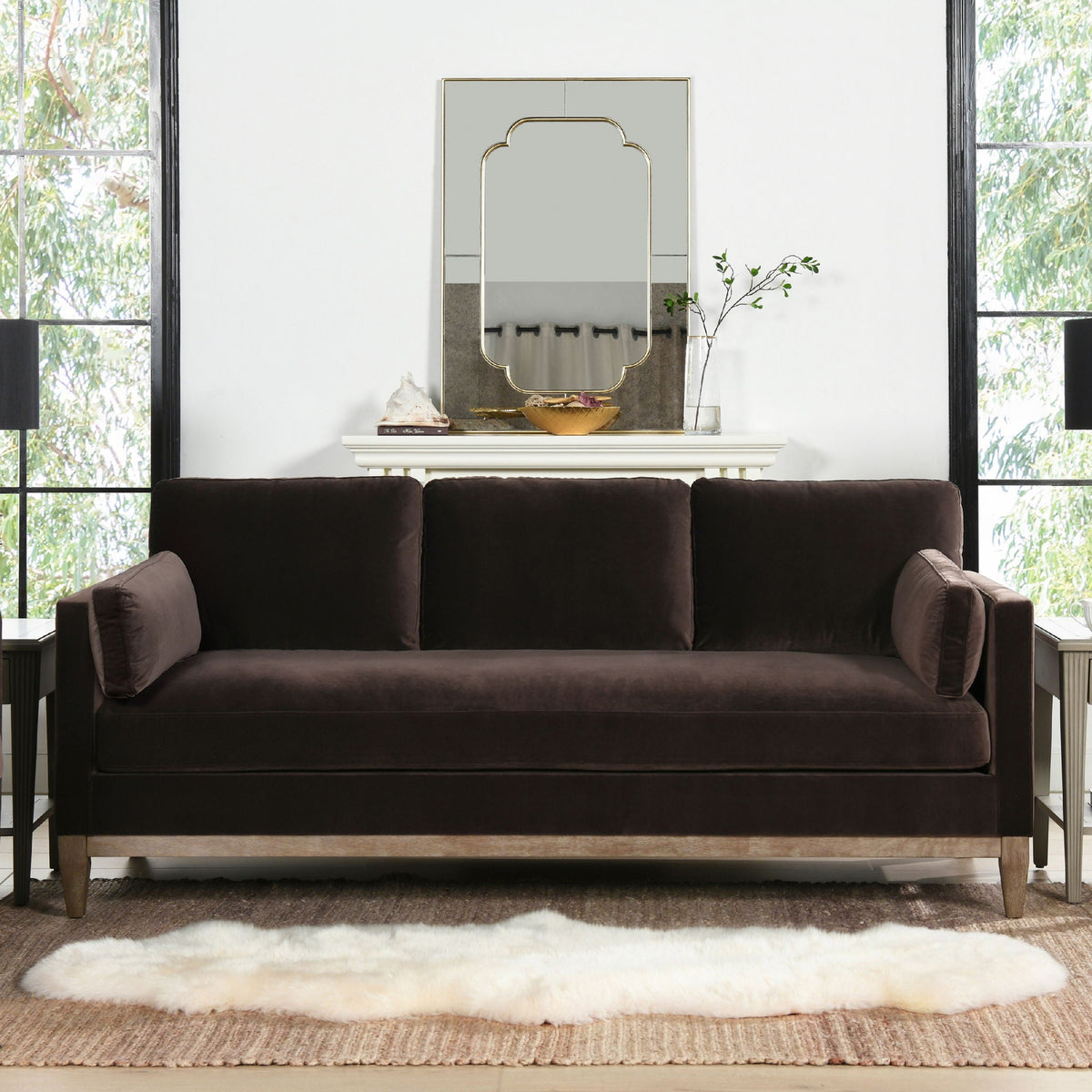 Knox Modern Farmhouse Sofa; dark espresso upholstery with wooden legs in living room setting on Tampa Home & Garden Store