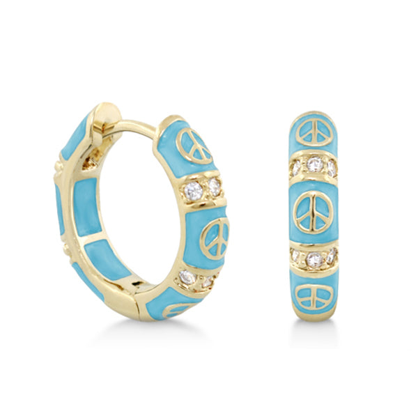 Peaceful Kids Earrings turquoise enamel hoops and bars with peace signs and crystals pair on Tampa Home & Garden Store