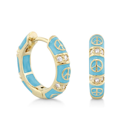 Peaceful Kids Earrings turquoise enamel hoops and bars with peace signs and crystals pair on Tampa Home & Garden Store
