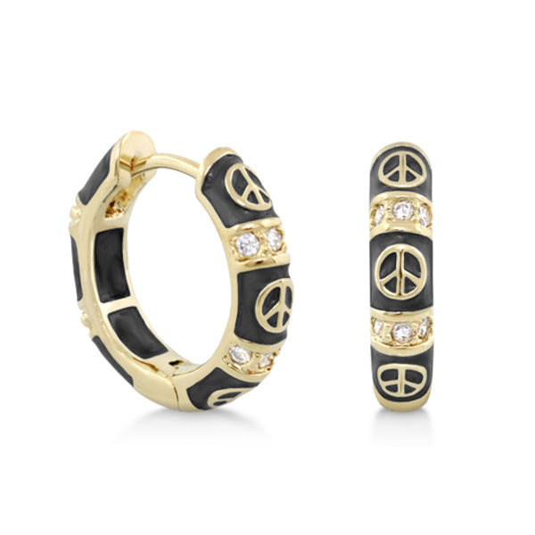 Peaceful Kids Earring pair, gold-tone hoops with black enamel and crystals, Lauren G Adams on Tampa Home & Garden Store