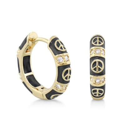 Peaceful Kids Earring pair, gold-tone hoops with black enamel and crystals, Lauren G Adams on Tampa Home & Garden Store