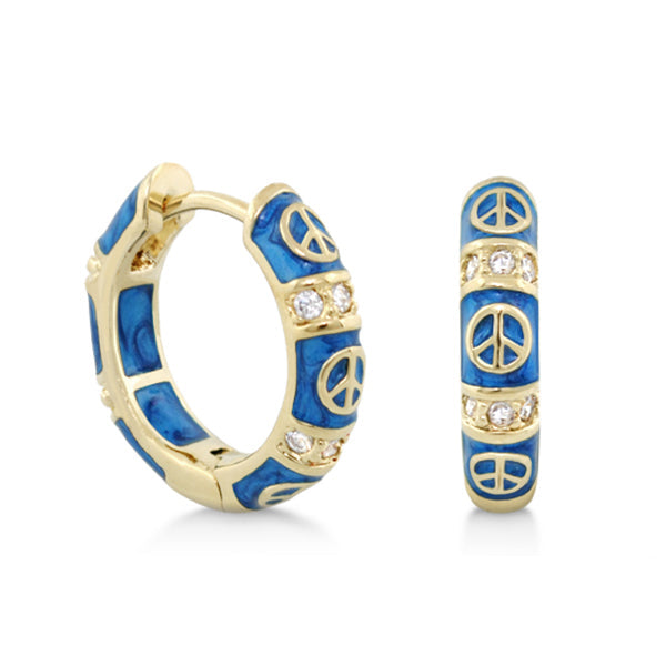 Peaceful Kids Earrings by Lauren G Adams, blue enamel hoops with peace signs and crystals on Tampa Home & Garden Store