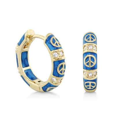 Peaceful Kids Earrings by Lauren G Adams, blue enamel hoops with peace signs and crystals on Tampa Home & Garden Store