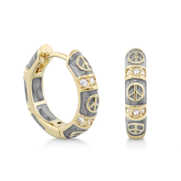 Peaceful Kids Earring hoop pair gold gray with peace signs and crystals by Lauren G Adams on Tampa Home & Garden Store