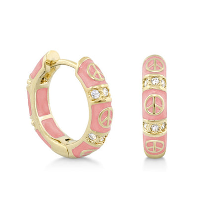 Peaceful Kids Earring by Lauren G Adams, pink enamel hoops with peace symbols and crystals on Tampa Home & Garden Store