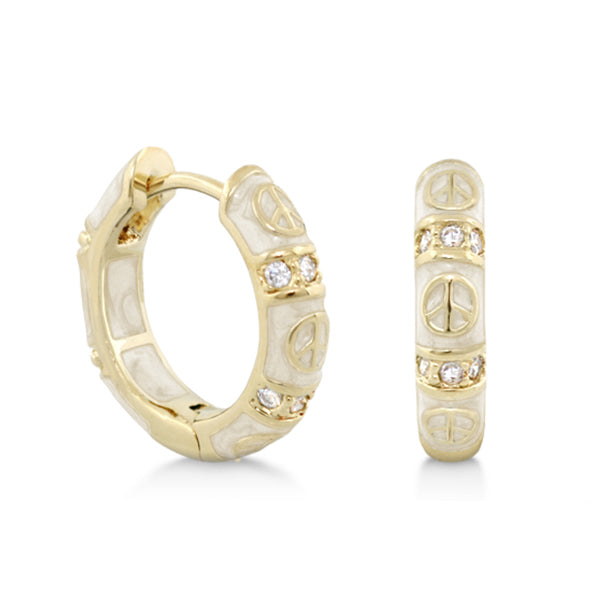Peaceful Kids Earring pair by Lauren G Adams; gold-tone with white enamel and peace charms on Tampa Home & Garden Store