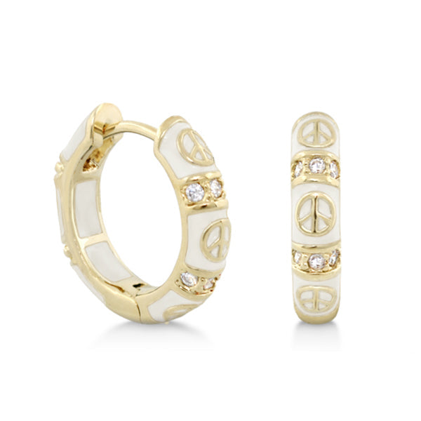 Peaceful Kids Earrings pair by Lauren G Adams, gold-tone hoops with white enamel and peace signs on Tampa Home & Garden Store