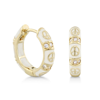 Peaceful Kids Earrings pair by Lauren G Adams, gold-tone hoops with white enamel and peace signs on Tampa Home & Garden Store