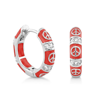 Peaceful Kids Earrings, red enamel hoops with peace sign and crystals, Lauren G Adams pair on Tampa Home & Garden Store