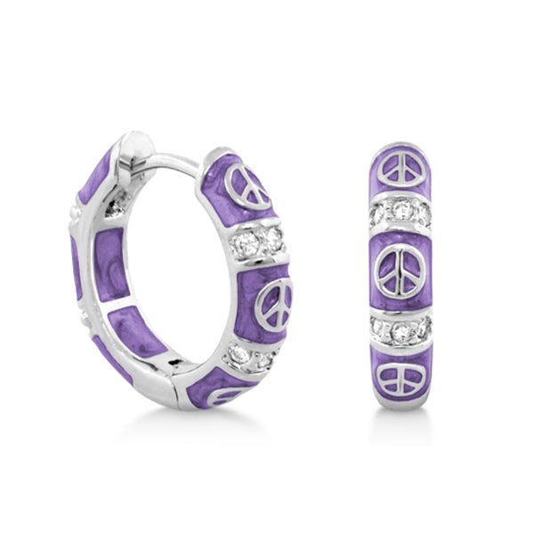 Peaceful Kids Earring Lauren G Adams — purple enamel hoops with peace signs and crystals on Tampa Home & Garden Store
