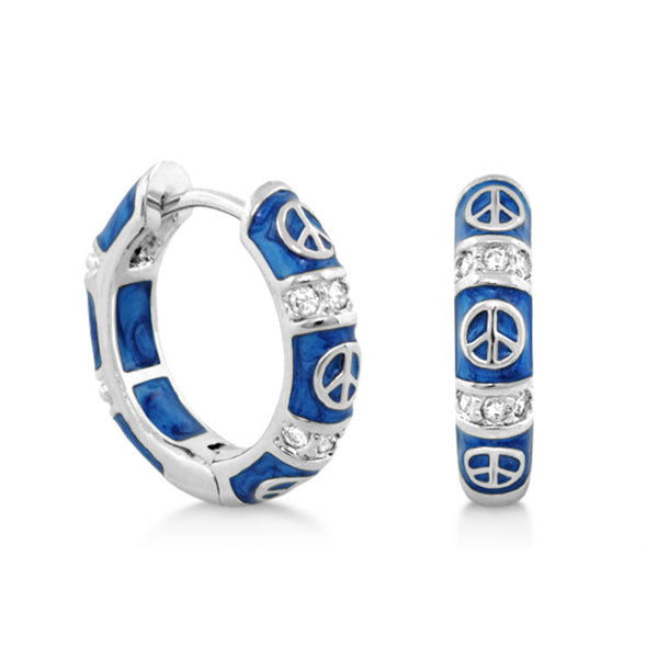 Peaceful Kids Earrings by Lauren G Adams; blue enamel hoop pair with peace signs crystal accents on Tampa Home & Garden Store